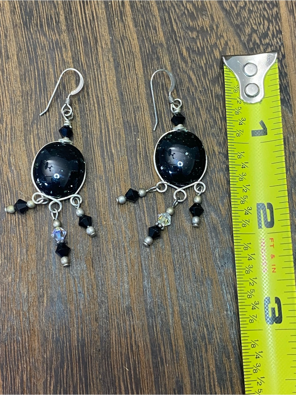 Black Sparkle Cabochon AB Crystal Bead Dangle Earrings with Silver-Tone Accents - Picture 9 of 10
